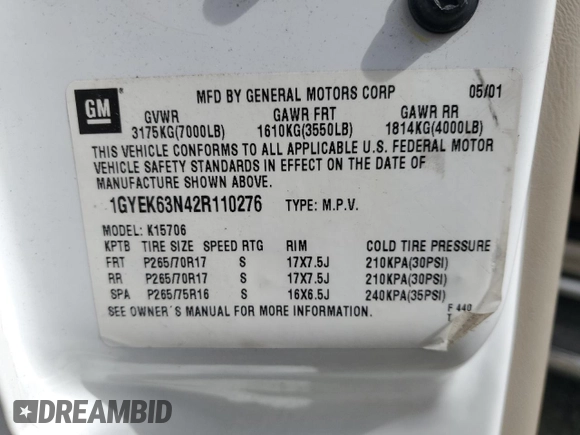 2002 Cadillac Escalade z VIN 1GYEK63N42R110276, wystawiony jako Copart lot #52862665 z przebiegiem Nie podano mil oraz Szkoda całkowita • Salvage title. Historia ofert i sprzedaży dostępna na DreamBid. Obrazek 14.