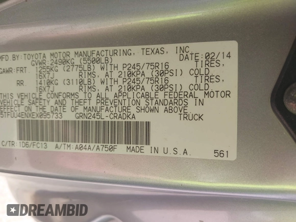 2014 Toyota Tacoma with VIN 5TFUU4ENXEX095733, listed as a IAAI auction lot 41698831 with Not Provided miles. Bid and sale history available at carsss.com. Image 9.