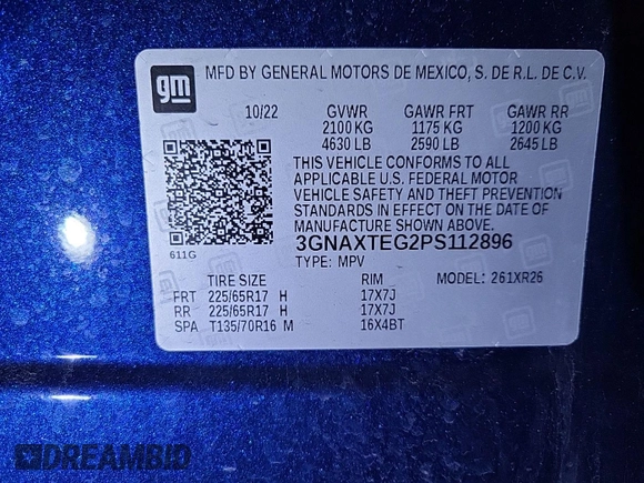 2023 Chevrolet Equinox LT with VIN 3GNAXTEG2PS112896, listed as a IAAI auction lot 42260335 with 17,493 mi miles and . Bid and sale history available at DreamBid. Image 1.