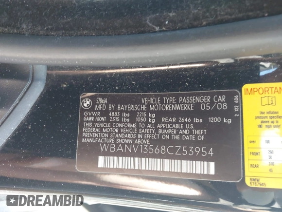 2008 BMW 5 Series 528xi with VIN WBANV13568CZ53954, listed as a IAAI auction lot 41970215 with 115,081 mi miles and . Bid and sale history available at DreamBid. Image 9.