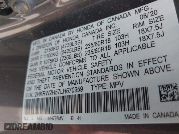 2020 Honda CR-V EX с VIN 2HKRW2H57LH670959, выставлен на аукционе IAAI как лот 42483902 с пробегом Не указан миль и . История ставок и продаж доступна на DreamBid. Изображение 9.