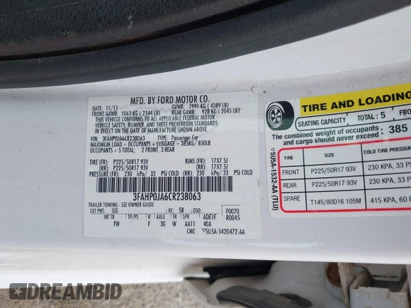 2012 Ford Fusion SEL with VIN 3FAHP0JA6CR238063, listed as a IAAI auction lot 42649499 with 90,977 mi miles and . Bid and sale history available at DreamBid. Image 9.