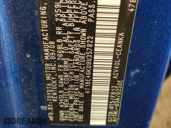 2009 Toyota Camry with VIN 4T1BE46K09U357822, listed as a Copart auction lot 49628805 with Not Provided miles and Salvage Title. Bid and sale history available at DreamBid. Image 12.