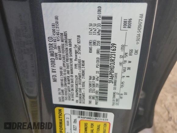 2018 Ford Fusion SE с VIN 3FA6P0HD3JR231639, выставлен на аукционе Copart как лот 59798395 с пробегом 121 368 миль миль и Списание • Salvage title. История ставок и продаж доступна на DreamBid. Изображение 12.