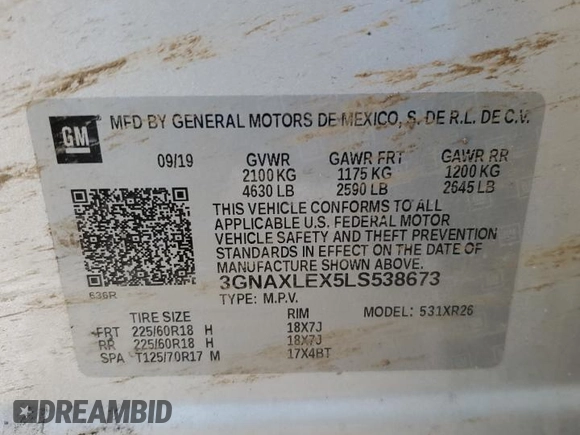 2020 Chevrolet Equinox LT with VIN 3GNAXLEX5LS538673, listed as a Copart auction lot 47166745 with 192,635 mi miles and Salvage Title. Bid and sale history available at carsss.com. Image 13.