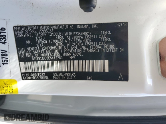 2014 Toyota Sienna LE AAS with VIN 5TDKK3DC8ES442280, listed as a Copart auction lot 59374985 with 207,563 mi miles and Salvage title. Bid and sale history available at DreamBid. Image 13.