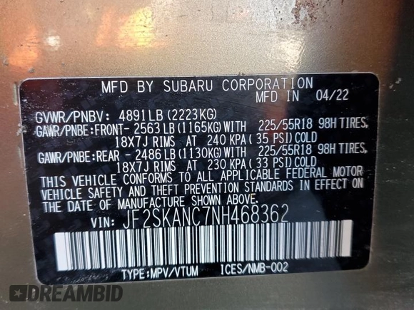 2022 Subaru Forester Limited with VIN JF2SKANC7NH468362, listed as a Copart auction lot 48337745 with 61,724 mi miles and Salvage Title. Bid and sale history available at carsss.com. Image 15.