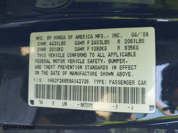 2009 Honda Accord Sdn EX-L with VIN 1HGCP26859A142726, listed as a IAAI auction lot 41004442 with 170539 miles. Bid and sale history available at carsss.com. Image 9.