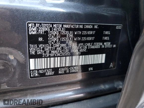 2022 Toyota RAV4 XLE with VIN 2T3P1RFV3NC265955, listed as a Copart auction lot 61557265 with 46,767 mi miles and Salvage title. Bid and sale history available at DreamBid. Image 14.