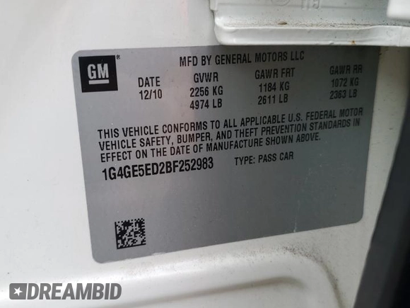 2011 Buick LaCrosse CXS with VIN 1G4GE5ED2BF252983, listed as a Copart auction lot 51167145 with 84,633 mi miles and Salvage Title. Bid and sale history available at carsss.com. Image 12.