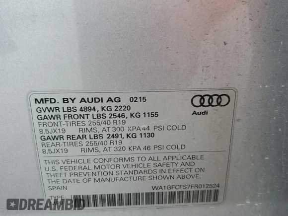 2015 Audi Q3 Prestige with VIN WA1GFCFS7FR012524, listed as a Copart auction lot 72800324 with 131,261 mi miles and Salvage title. Bid and sale history available at DreamBid. Image 13.