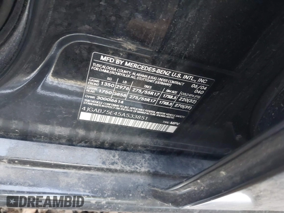 2005 Mercedes-Benz M 500 z VIN 4JGAB75E45A533851, wystawiony jako IAAI lot #42121698 z przebiegiem Nie podano mil oraz . Historia ofert i sprzedaży dostępna na DreamBid. Obrazek 9.
