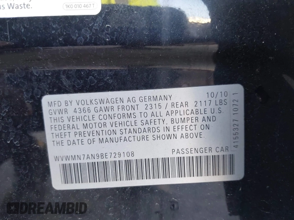 2011 Volkswagen CC Sport with VIN WVWMN7AN9BE729108, listed as a IAAI auction lot 41729512 with 138,044 mi miles. Bid and sale history available at carsss.com. Image 9.