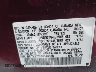 2007 Honda Ridgeline RT with VIN 2HJYK16267H544838, listed as a IAAI auction lot 41586748 with 153,410 mi miles. Bid and sale history available at carsss.com. Image 9.