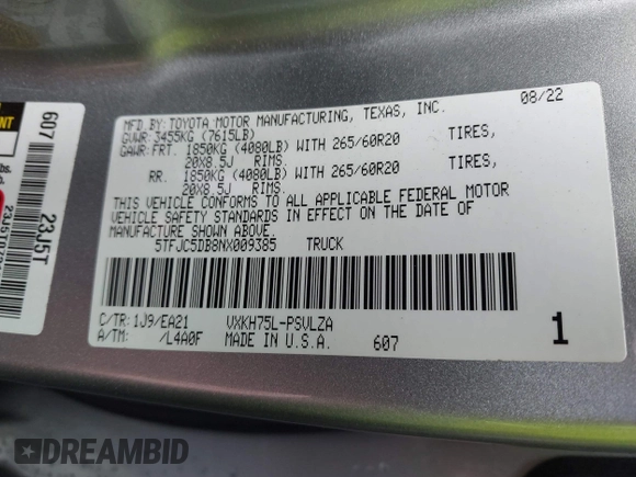 2022 Toyota Tundra Limited Hybrid with VIN 5TFJC5DB8NX009385, listed as a IAAI auction lot 41952224 with 40,497 mi miles and . Bid and sale history available at DreamBid. Image 9.