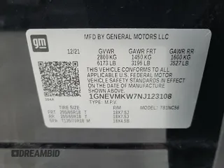 2022 Chevrolet Traverse LT Cloth with VIN 1GNEVMKW7NJ123108, listed as a IAAI auction lot 42854233 with 63,624 mi miles and . Bid and sale history available at DreamBid. Image 20.