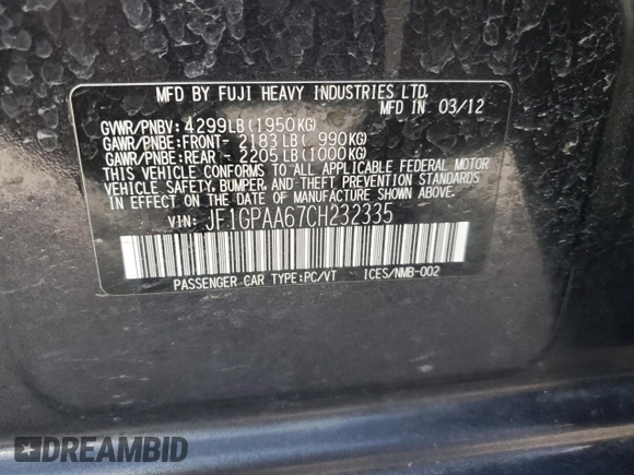 2012 Subaru Impreza 2.0i с VIN JF1GPAA67CH232335, выставлен на аукционе Copart как лот 50719385 с пробегом 66 800 миль миль и Списание • Salvage title. История ставок и продаж доступна на DreamBid. Изображение 13.