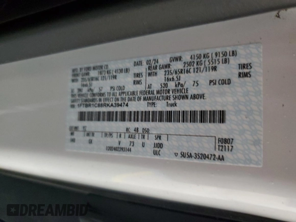 2024 Ford Transit Cargo with VIN 1FTBR1C88RKA39474, listed as a Copart auction lot 86339884 with Not Provided miles and Salvage Title. Bid and sale history available at DreamBid. Image 15.