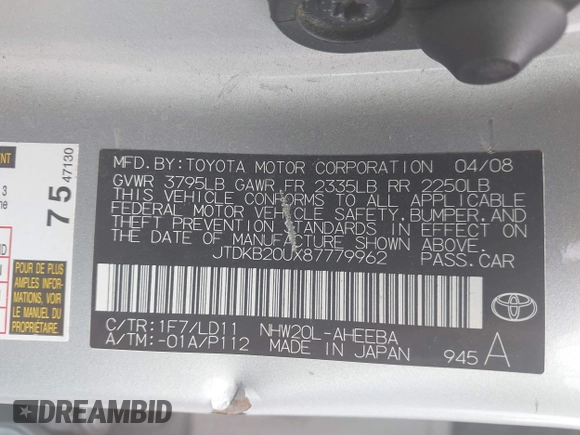 2008 Toyota Prius z VIN JTDKB20UX87779962, wystawiony jako IAAI lot #42461194 z przebiegiem Nie podano mil oraz . Historia ofert i sprzedaży dostępna na DreamBid. Obrazek 9.