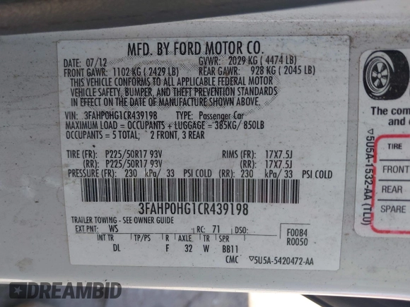 2012 Ford Fusion SE z VIN 3FAHP0HG1CR439198, wystawiony jako IAAI lot #42272610 z przebiegiem 151 249 mil mil oraz . Historia ofert i sprzedaży dostępna na DreamBid. Obrazek 9.