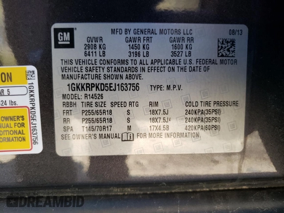 2014 GMC Acadia SLE with VIN 1GKKRPKD5EJ163756, listed as a Copart auction lot 53619795 with 143,625 mi miles and Salvage title. Bid and sale history available at DreamBid. Image 13.