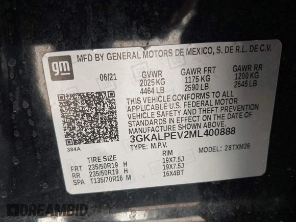 2021 GMC Terrain SLT с VIN 3GKALPEV2ML400888, выставлен на аукционе IAAI как лот 41872126 с пробегом 42 409 миль миль и . История ставок и продаж доступна на DreamBid. Изображение 9.