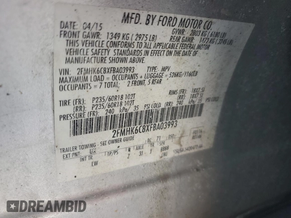 2015 Ford Flex SEL with VIN 2FMHK6C8XFBA03993, listed as a Copart auction lot 89224445 with 179,119 mi miles and Salvage Title. Bid and sale history available at carsss.com. Image 16.