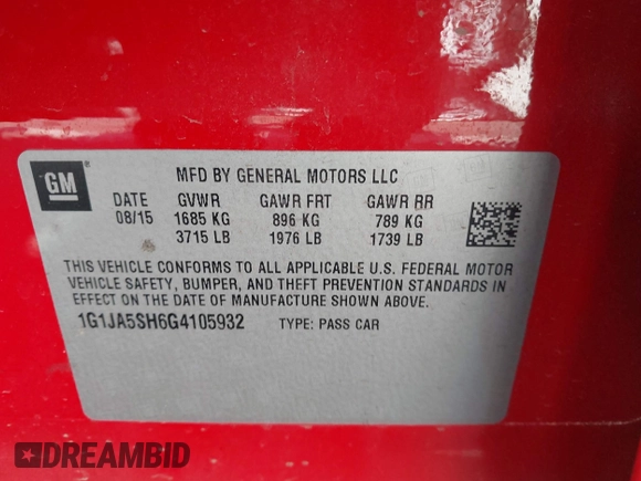 2016 Chevrolet Sonic LS with VIN 1G1JA5SH6G4105932, listed as a IAAI auction lot 35487736 with 91,467 mi miles and . Bid and sale history available at DreamBid. Image 9.