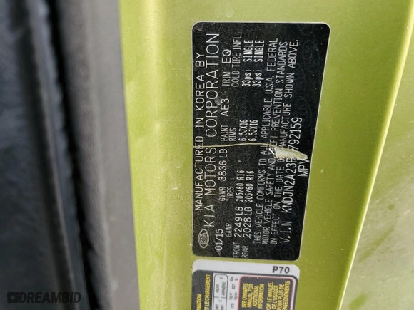 2015 Kia Soul with VIN KNDJN2A23F7792159, listed as a Copart auction lot 53731024 with 0 mi miles and Salvage Title. Bid and sale history available at carsss.com. Image 12.