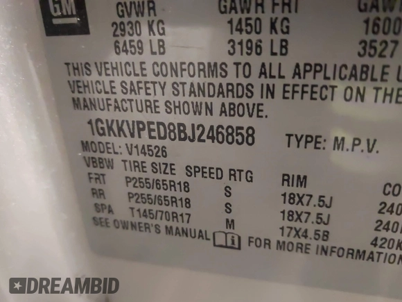 2011 GMC Acadia SLE with VIN 1GKKVPED8BJ246858, listed as a IAAI auction lot 41824381 with 198,976 mi miles. Bid and sale history available at carsss.com. Image 9.