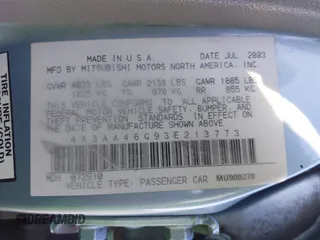 2003 Mitsubishi Galant ES with VIN 4A3AA46G93E213773, listed as a IAAI auction lot 41556766 with 182,969 mi miles. Bid and sale history available at carsss.com. Image 9.