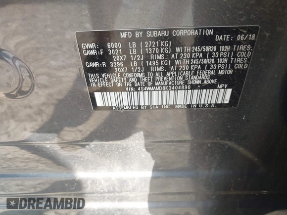 2019 Subaru Ascent Limited with VIN 4S4WMAMD8K3404890, listed as a IAAI auction lot 42435135 with 129,531 mi miles and . Bid and sale history available at DreamBid. Image 9.