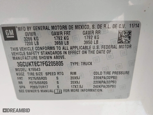 2015 Chevrolet Silverado 1500 High Country with VIN 3GCUKTEC7FG205805, listed as a IAAI auction lot 41815859 with 130,028 mi miles. Bid and sale history available at carsss.com. Image 9.