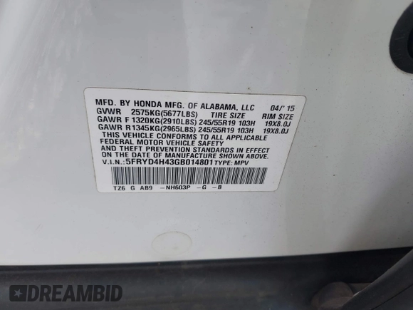 2016 Acura MDX w/Tech with VIN 5FRYD4H43GB014801, listed as a IAAI auction lot 39256120 with 73,769 mi miles. Bid and sale history available at carsss.com. Image 9.