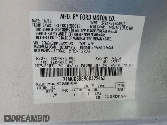2016 Ford Flex SE with VIN 2FMGK5B89GBA22463, listed as a Copart auction lot 45943525 with 134,603 mi miles and Salvage Title. Bid and sale history available at carsss.com. Image 14.