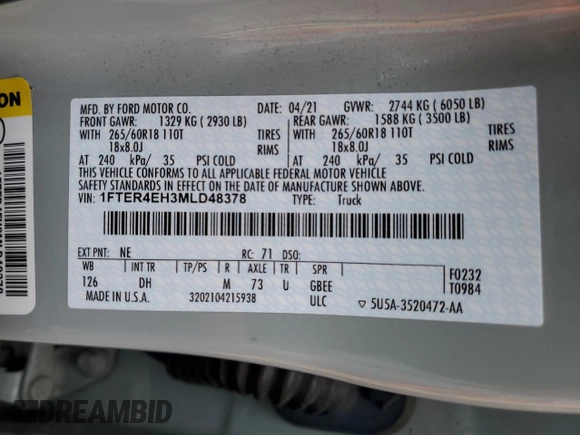 2021 Ford Ranger XL с VIN 1FTER4EH3MLD48378, выставлен на аукционе Copart как лот 55148825 с пробегом 57 427 миль миль и Списание • Salvage title. История ставок и продаж доступна на DreamBid. Изображение 12.