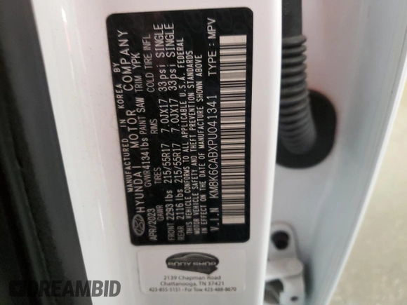 2023 Hyundai Kona SEL with VIN KM8K6CABXPU041341, listed as a Copart auction lot 50130115 with 32,024 mi miles and Salvage Title. Bid and sale history available at DreamBid. Image 14.