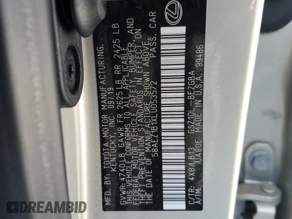 2020 Lexus ES 350 Luxury with VIN 58AEZ1B1XLU053572, listed as a Copart auction lot 53864295 with 30,852 mi miles and Salvage title. Bid and sale history available at DreamBid. Image 12.