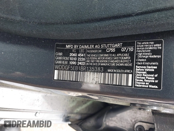 2011 Mercedes-Benz C 300 Sport with VIN WDDGF5EB1BR135383, listed as a IAAI auction lot 41900574 with 169,757 mi miles and . Bid and sale history available at DreamBid. Image 9.