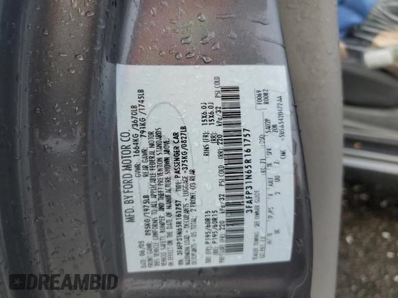 2005 Ford Focus S with VIN 3FAFP31N65R161757, listed as a Copart auction lot 44373605 with 187,145 mi miles and Salvage Title. Bid and sale history available at carsss.com. Image 14.