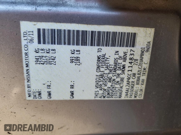 2012 Nissan Altima 2.5 S with VIN 1N4AL2AP4CC114837, listed as a Copart auction lot 47102885 with 161,772 mi miles and Non Repairable. Bid and sale history available at carsss.com. Image 12.