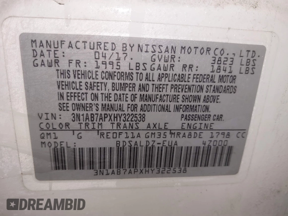 2017 Nissan Sentra S with VIN 3N1AB7APXHY322538, listed as a IAAI auction lot 41507152 with Not Provided miles and . Bid and sale history available at DreamBid. Image 9.