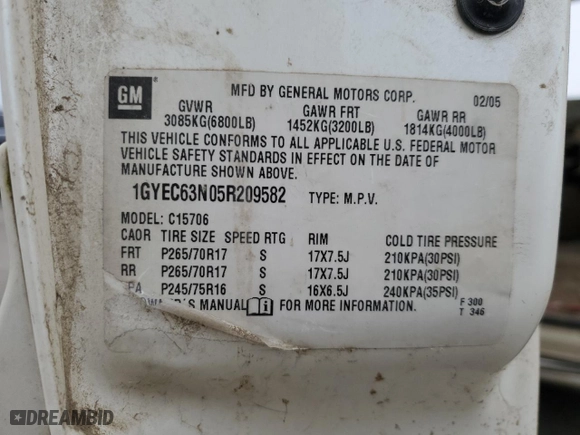 2005 Cadillac Escalade with VIN 1GYEC63N05R209582, listed as a Copart auction lot 85780504 with 0 mi miles and Salvage Title. Bid and sale history available at carsss.com. Image 13.