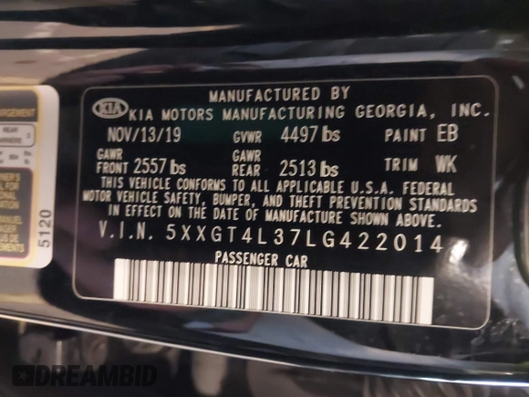 2020 Kia Optima LX with VIN 5XXGT4L37LG422014, listed as a IAAI auction lot 42336837 with 29,699 mi miles and . Bid and sale history available at DreamBid. Image 9.
