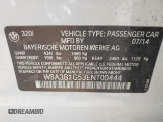 2014 BMW 3 Series 320i with VIN WBA3B1G53ENT00444, listed as a IAAI auction lot 42082984 with 94,401 mi miles. Bid and sale history available at carsss.com. Image 9.
