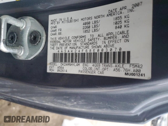 2008 Mitsubishi Eclipse GS with VIN 4A3AK24F68E003070, listed as a Copart auction lot 88522675 with 147,138 mi miles and Salvage Title. Bid and sale history available at DreamBid. Image 13.