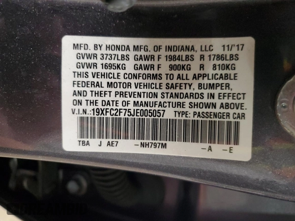 2018 Honda Civic EX with VIN 19XFC2F75JE005057, listed as a Copart auction lot 48601125 with 84,100 mi miles and Salvage Title. Bid and sale history available at DreamBid. Image 14.