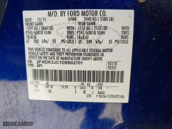 2013 Ford Edge SEL with VIN 2FMDK3JC1DBB52701, listed as a IAAI auction lot 41856485 with 278,021 mi miles. Bid and sale history available at carsss.com. Image 9.