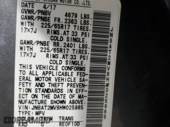 2017 Nissan Rogue S with VIN JN8AT2MV8HW025965, listed as a Copart auction lot 50010295 with 52,572 mi miles and Non Repairable. Bid and sale history available at carsss.com. Image 15.