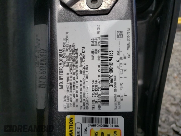 2017 Ford Fusion SE with VIN 3FA6P0HD0HR194186, listed as a Copart auction lot 50779665 with 110,448 mi miles and Salvage Title. Bid and sale history available at DreamBid. Image 12.